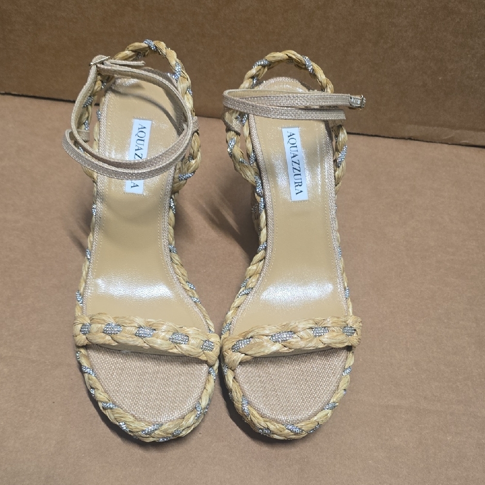 Aquazzura Natural Beige Braided Ankle-Strap Heels with Metallic Accent